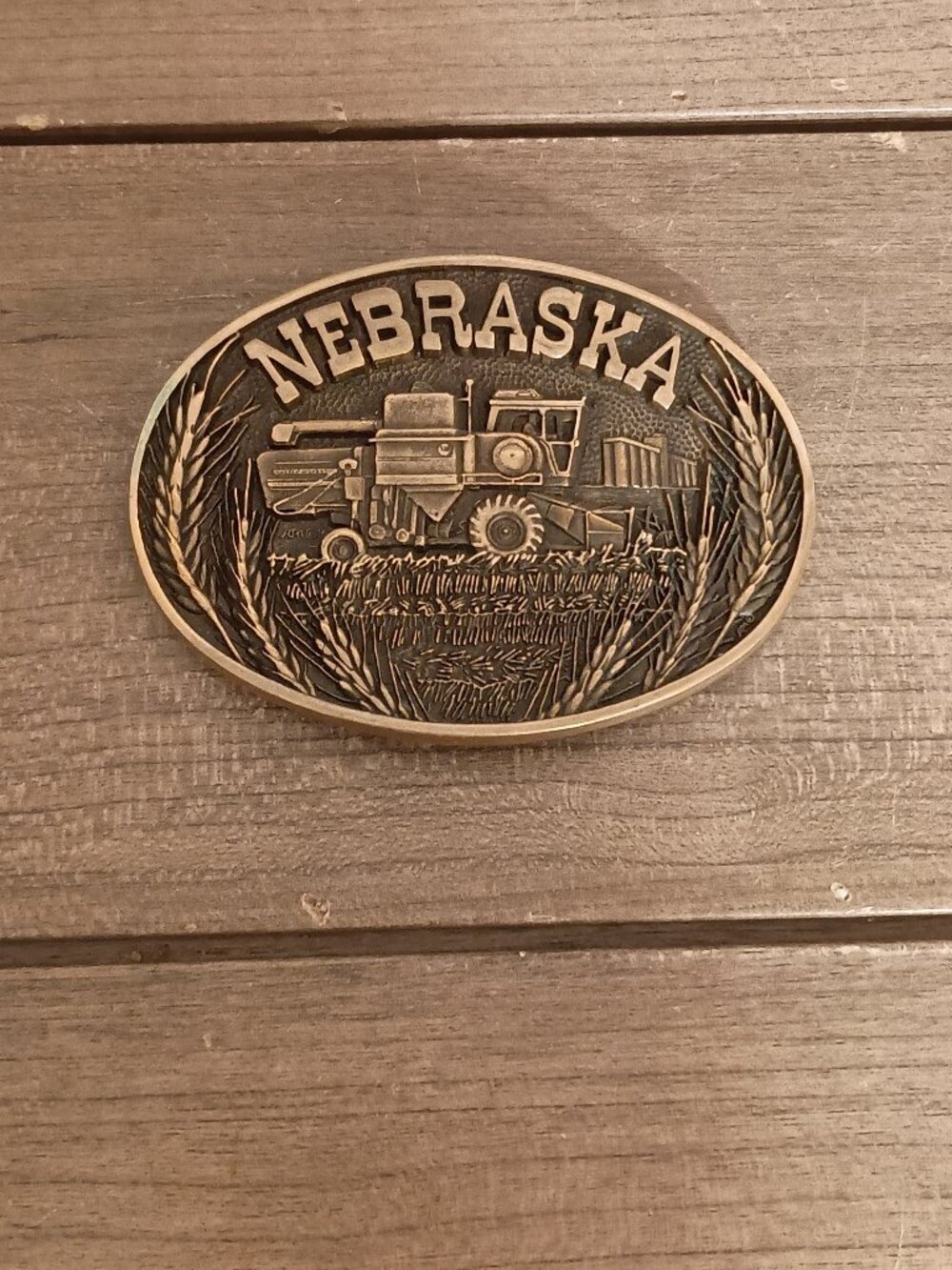 Vintage Nebraska Solid Brass Belt Buckle Combine Farm Scenery Award Design Metal